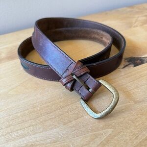 ORVIS BROWN LEATHER BELT GREEN INLAY BRASS BUCKLE PREPPY OFFICE CASUAL MEN 40
